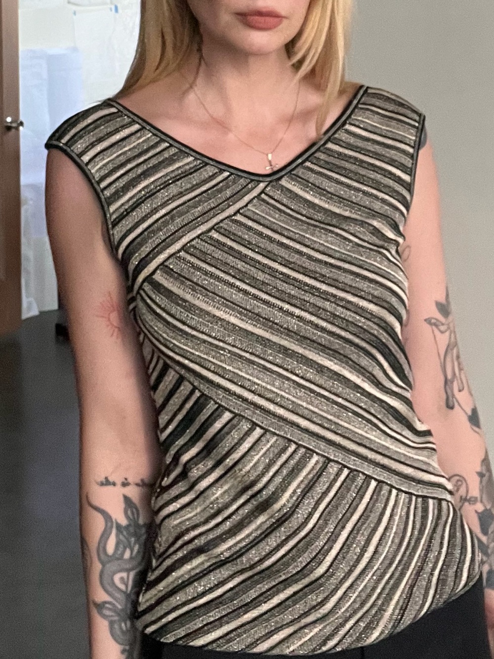 Escada Diagonal Striped Knit Tank - Black and Taupe